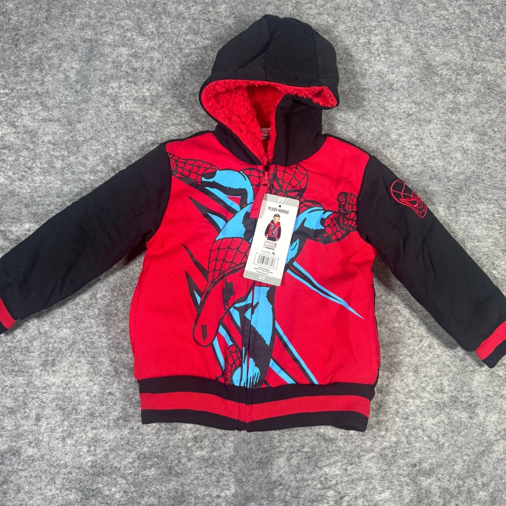 Marvel Spiderman Kids Plush Hoodie Red Black Full Zip Jacket 3T NEW